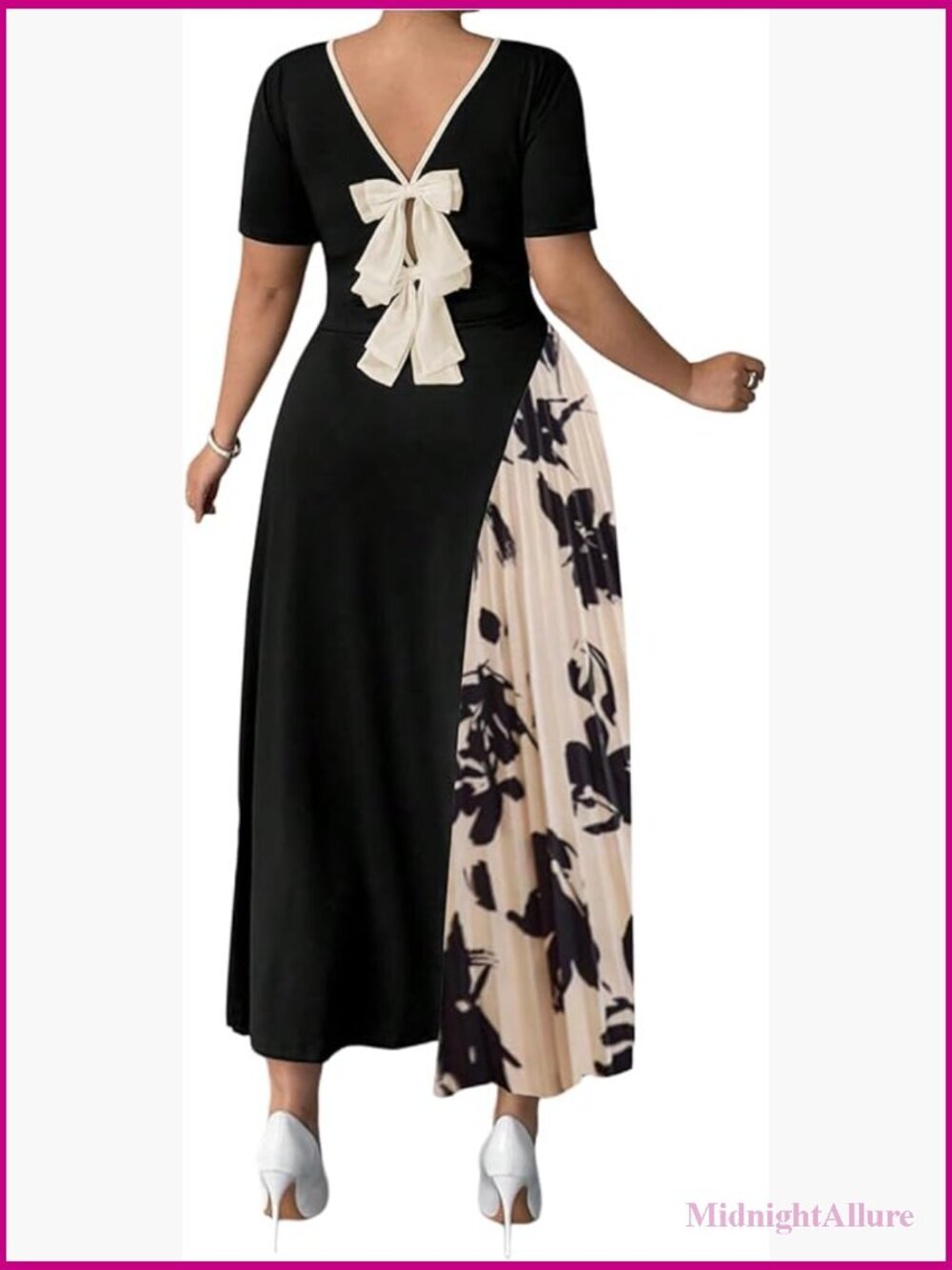 Plus Size Pleated Bow Neck Cocktail Maxi Dress Short Sleeve